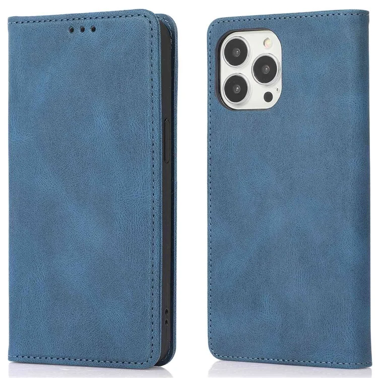 For iPhone 14 Pro 6.1 inch PU Leather Phone Case Shockproof Magnetic Adsorption Stand Wallet Shell - Blue