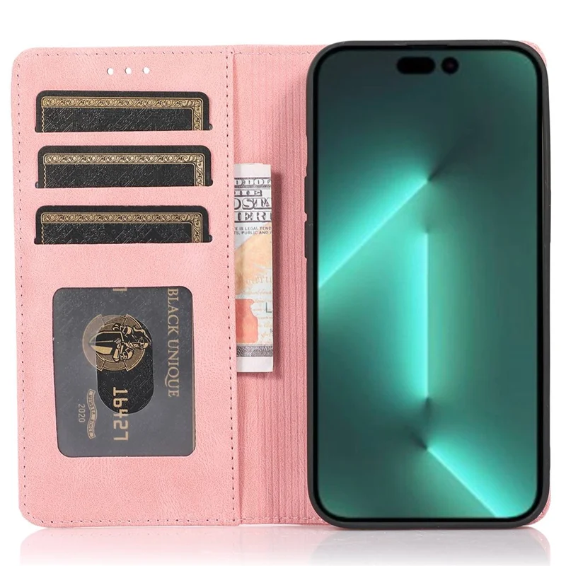 For iPhone 14 Pro Max 6.7 inch PU Leather Phone Drop-proof Case Magnetic Adsorption Flip Stand Wallet Shell - Rose Gold