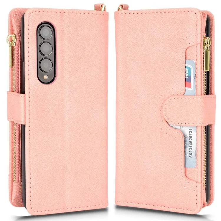 Para Samsung Galaxy Z Fold4 5G Funda de Teléfono de Piel con Bolsillo con Cremallera y Cierre Magnético, Diseño Plegable - Rosa