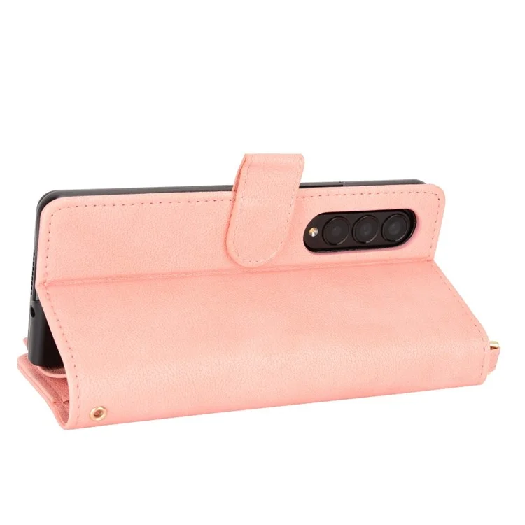 Para Samsung Galaxy Z Fold4 5G Funda de Teléfono de Piel con Bolsillo con Cremallera y Cierre Magnético, Diseño Plegable - Rosa