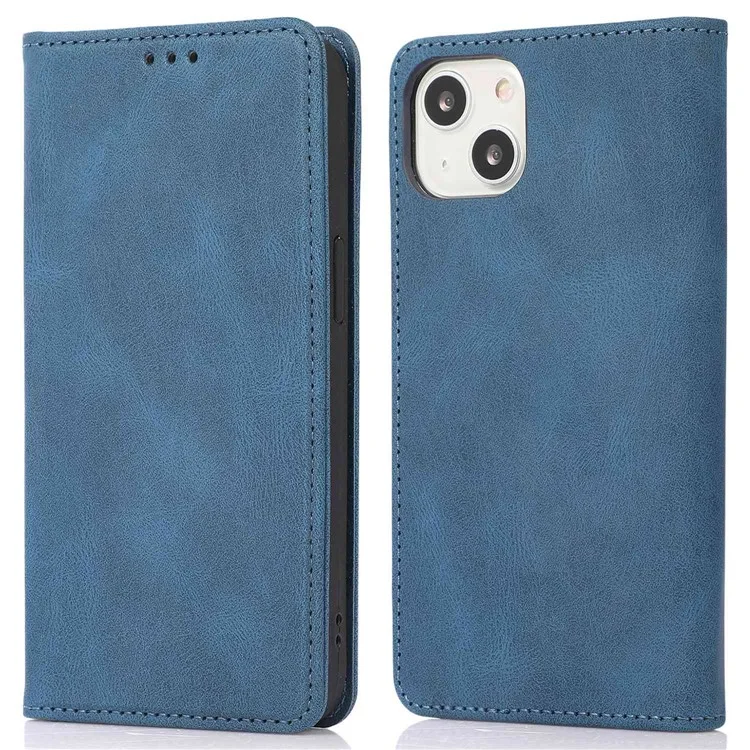 For iPhone 14 6.1 inch Wallet Phone Case Magnetic Closure PU Leather Anti-Drop Cover with Stand - Blue