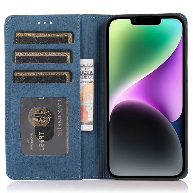 For iPhone 14 6.1 inch Wallet Phone Case Magnetic Closure PU Leather Anti-Drop Cover with Stand - Blue