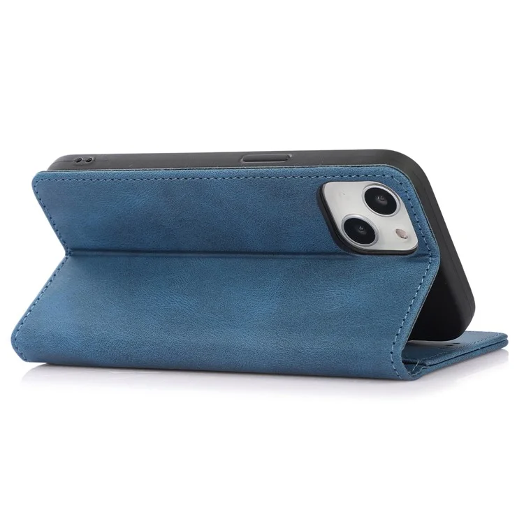 For iPhone 14 6.1 inch Wallet Phone Case Magnetic Closure PU Leather Anti-Drop Cover with Stand - Blue