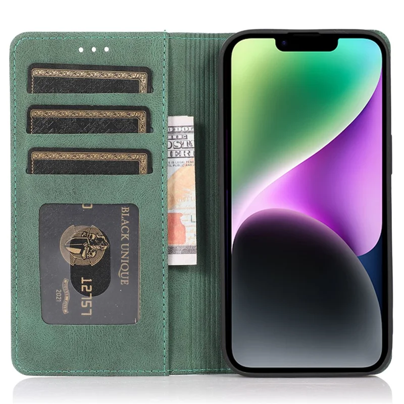 For iPhone 14 Plus Anti-Drop Phone Case Magnetic Closure PU Leather Cover Scratch Resistant Wallet Stand Shell - Green