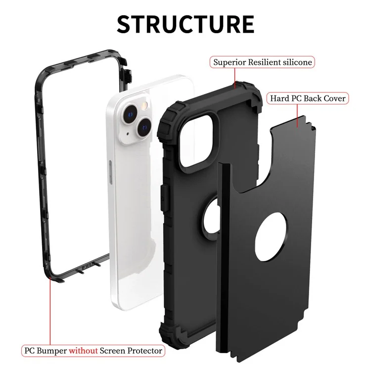 For iPhone 13 6.1 inch 3-in-1 Anti-scratch Mobile Phone Back Case Thicken Corners Silicone + PC Hybrid Cover - Black