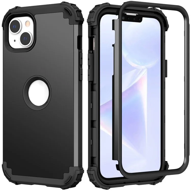 For iPhone 13 6.1 inch 3-in-1 Anti-scratch Mobile Phone Back Case Thicken Corners Silicone + PC Hybrid Cover - Black