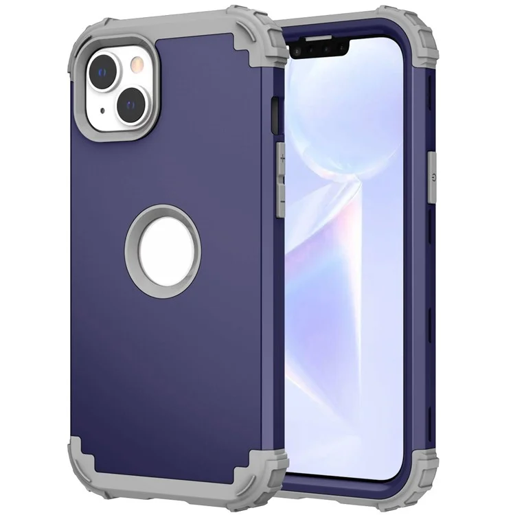 For iPhone 14 6.1 inch 3-in-1 Impact Resistant Silicone + PC Hybrid Cover Thicken Corners Design Mobile Phone Back Case - Navy Blue