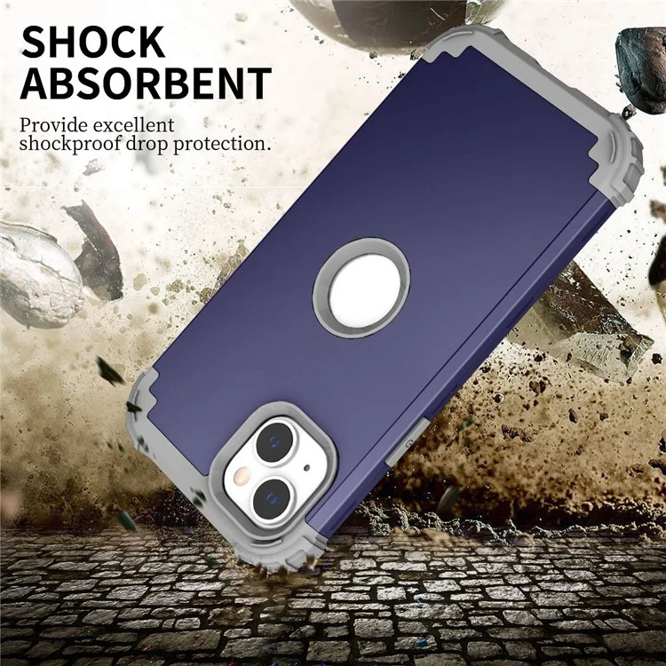For iPhone 14 6.1 inch 3-in-1 Impact Resistant Silicone + PC Hybrid Cover Thicken Corners Design Mobile Phone Back Case - Navy Blue