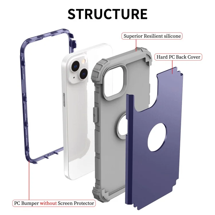 For iPhone 14 6.1 inch 3-in-1 Impact Resistant Silicone + PC Hybrid Cover Thicken Corners Design Mobile Phone Back Case - Navy Blue