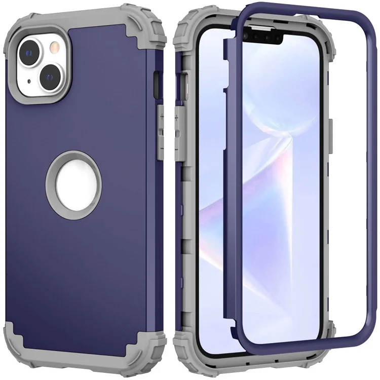 For iPhone 14 6.1 inch 3-in-1 Impact Resistant Silicone + PC Hybrid Cover Thicken Corners Design Mobile Phone Back Case - Navy Blue
