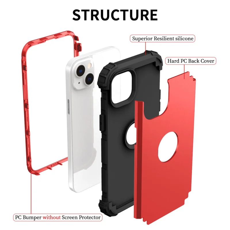 For iPhone 14 6.1 inch 3-in-1 Impact Resistant Silicone + PC Hybrid Cover Thicken Corners Design Mobile Phone Back Case - Red