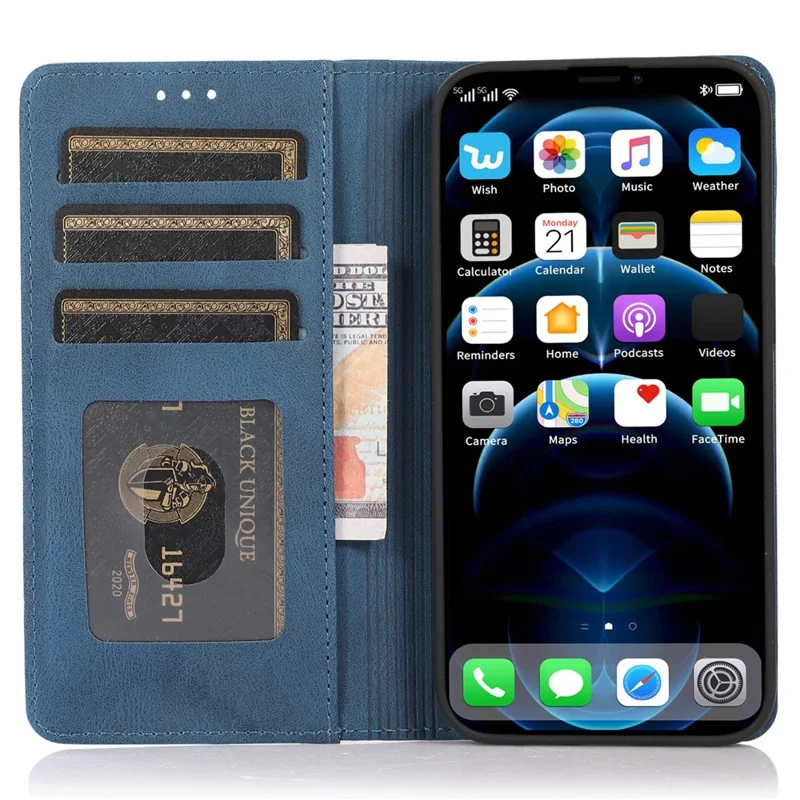 Anti-fingerprint PU Leather Cell Phone Case for iPhone 12 / 12 Pro 6.1 inch, Strong Magnetic Adsorption Flip Stand Wallet Phone Shell - Blue