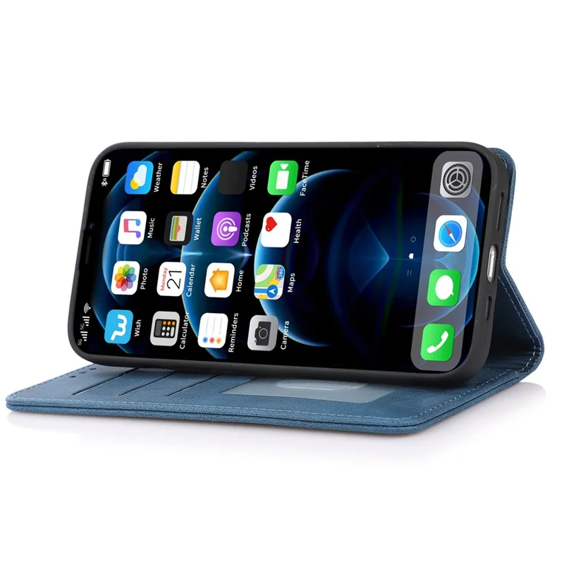 Anti-fingerprint PU Leather Cell Phone Case for iPhone 12 / 12 Pro 6.1 inch, Strong Magnetic Adsorption Flip Stand Wallet Phone Shell - Blue