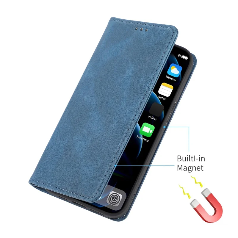 Anti-fingerprint PU Leather Cell Phone Case for iPhone 12 / 12 Pro 6.1 inch, Strong Magnetic Adsorption Flip Stand Wallet Phone Shell - Blue