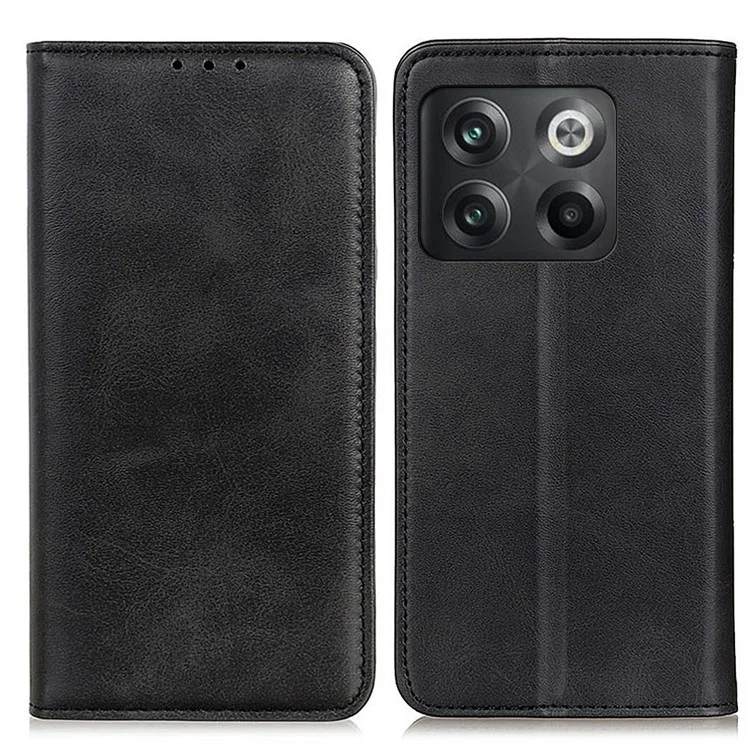Für OnePlus 10T 5G / Ace Pro 5G Spaltleder-Folio-Klapphülle mit Faltständer, Magnetabsorption und Brieftasche - Schwarz