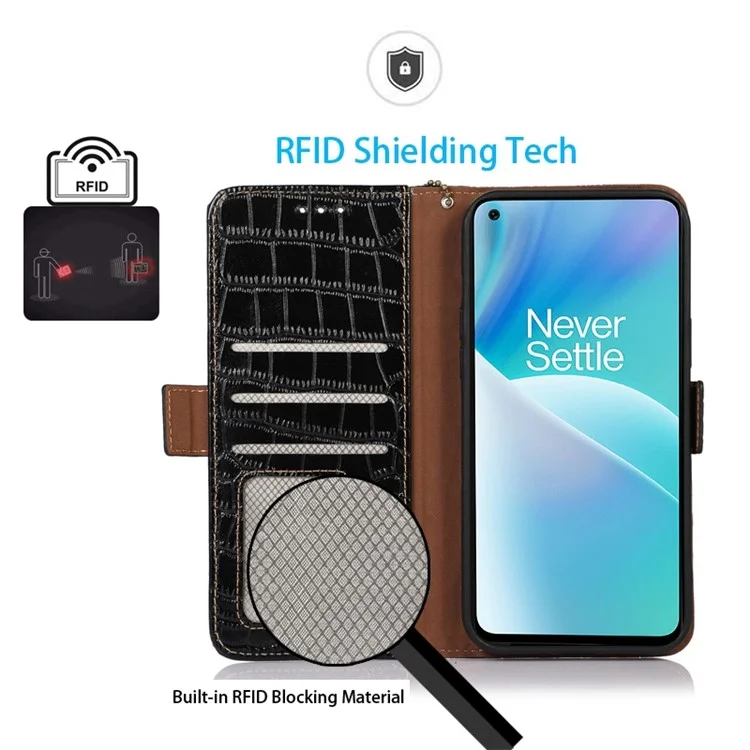 Pour OnePlus 10T 5G / Ace Pro 5G Anti-fall Crocodile Texture Case RFID Bloquant le Couvercle de Téléphone de Portefeuille de Portefeuille Bien Protégé en Cuir de Vache Véritable - le Noir