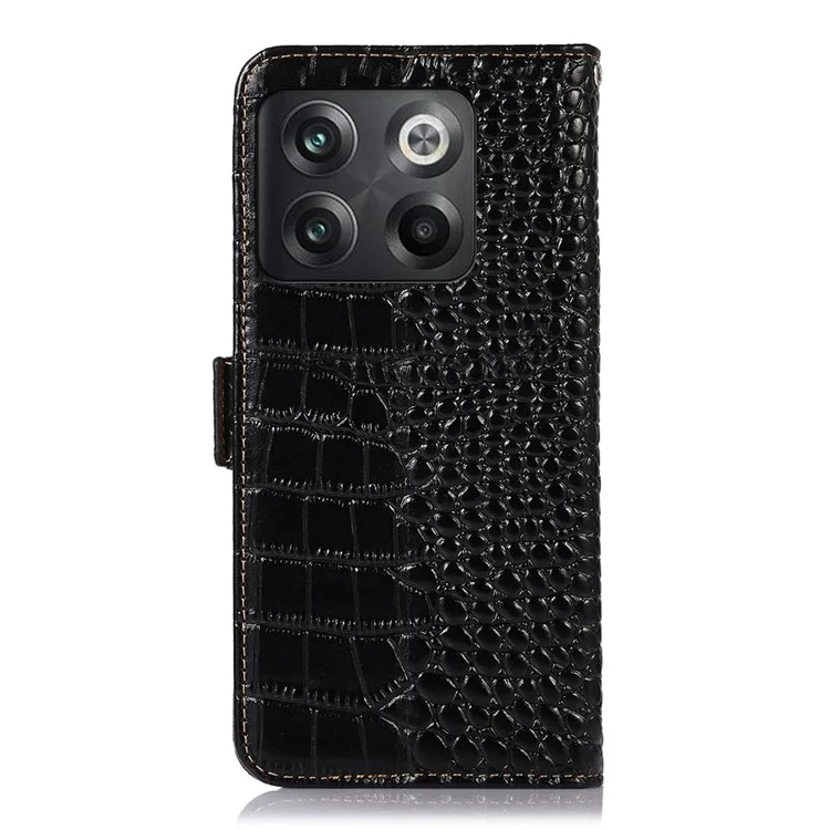 Pour OnePlus 10T 5G / Ace Pro 5G Anti-fall Crocodile Texture Case RFID Bloquant le Couvercle de Téléphone de Portefeuille de Portefeuille Bien Protégé en Cuir de Vache Véritable - le Noir