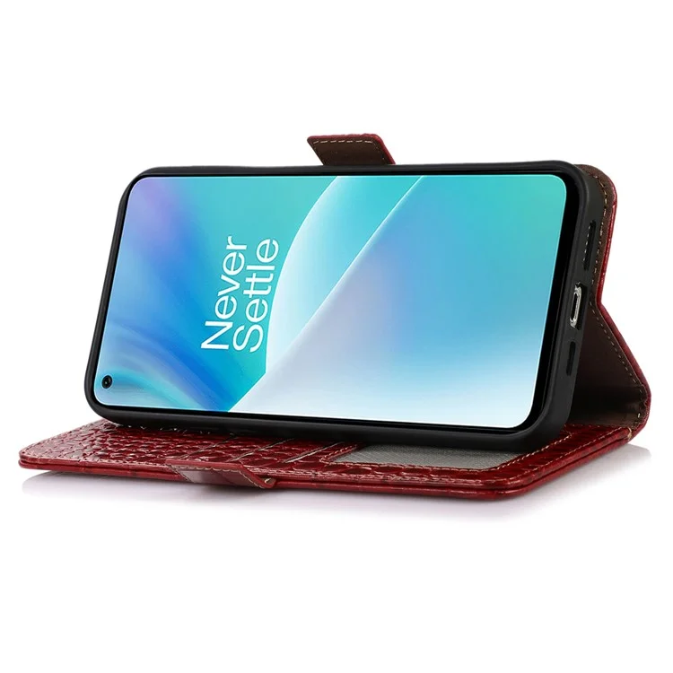 For OnePlus 10T 5G / Ace Pro 5G Anti-fall Crocodile Texture Case RFID Blocking Genuine Cowhide Leather Well-protected Wallet Phone Cover - Red