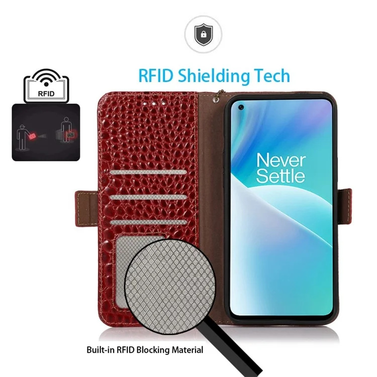 For OnePlus 10T 5G / Ace Pro 5G Anti-fall Crocodile Texture Case RFID Blocking Genuine Cowhide Leather Well-protected Wallet Phone Cover - Red