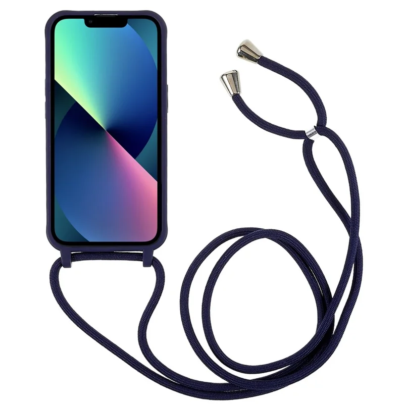 For iPhone 14 Plus Integrated TPU Phone Back Case Anti-scratch Anti-drop Cover with Lanyard - Dark Blue