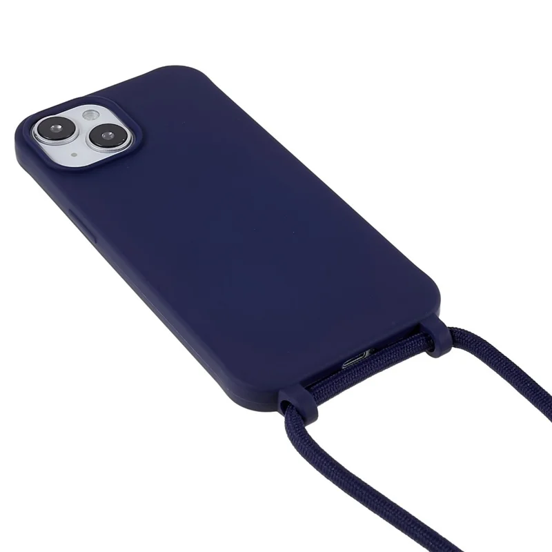 For iPhone 14 Plus Integrated TPU Phone Back Case Anti-scratch Anti-drop Cover with Lanyard - Dark Blue