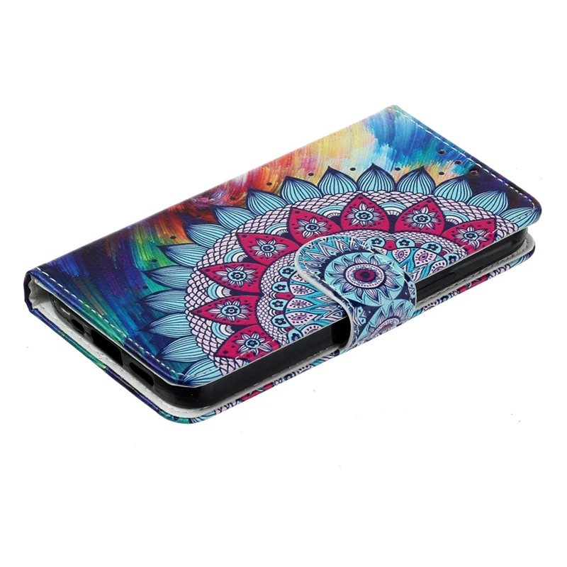 For iPhone 14 Plus Pattern Embossed PU Leather Wallet Stand Phone Case Anti-drop Magnetic Clasp Cover with Hand Strap - Mandala Flower