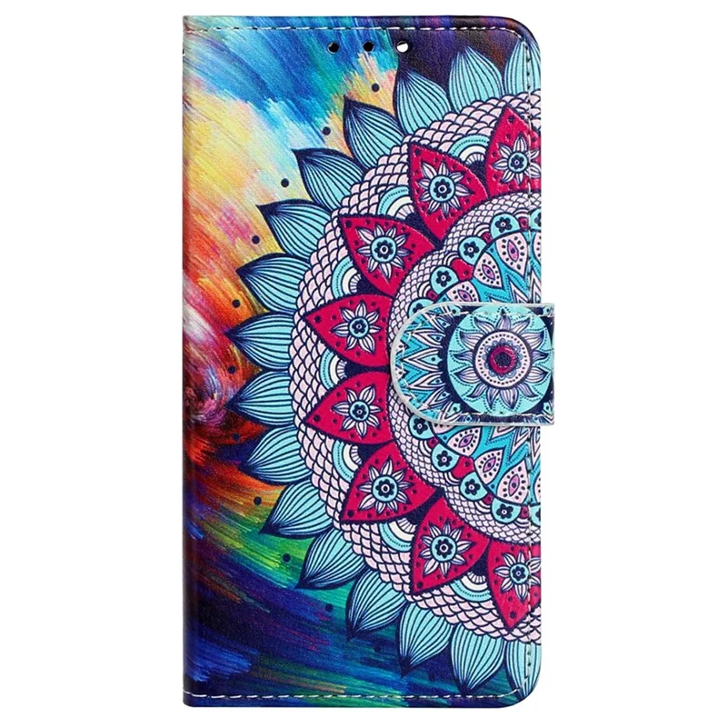 For iPhone 14 Plus Pattern Embossed PU Leather Wallet Stand Phone Case Anti-drop Magnetic Clasp Cover with Hand Strap - Mandala Flower