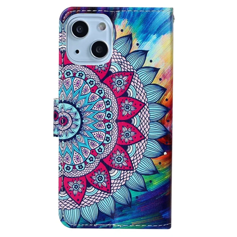 For iPhone 14 Plus Pattern Embossed PU Leather Wallet Stand Phone Case Anti-drop Magnetic Clasp Cover with Hand Strap - Mandala Flower