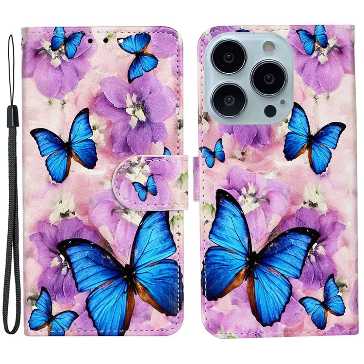 For iPhone 14 Pro 6.1 inch Pattern Embossed Phone Cover PU Leather TPU Full Protection Stand Wallet Case with Hand Strap - Purple Flower / Blue Butterfly