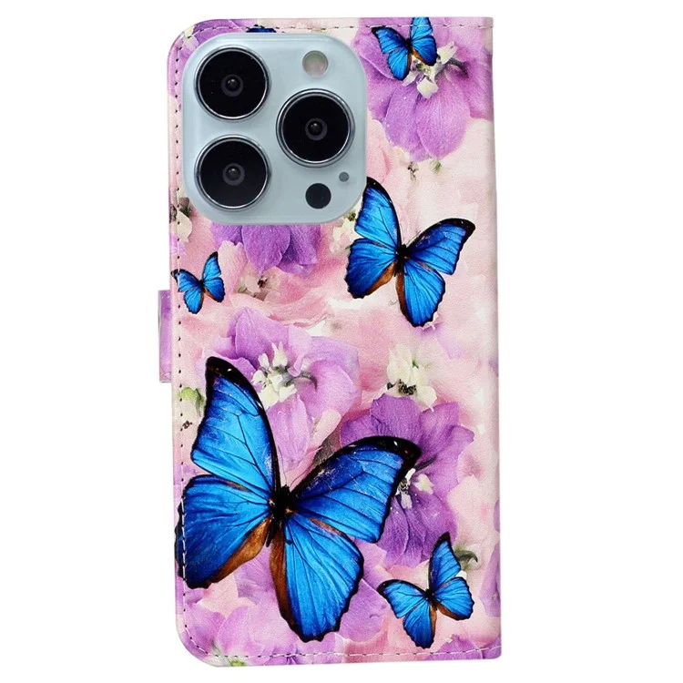 For iPhone 14 Pro 6.1 inch Pattern Embossed Phone Cover PU Leather TPU Full Protection Stand Wallet Case with Hand Strap - Purple Flower / Blue Butterfly