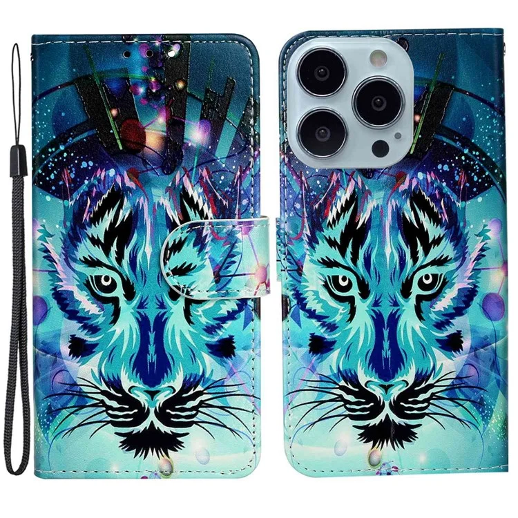 For iPhone 14 Pro Max 6.7 inch PU Leather Pattern Embossed Case Wallet Foldable Stand Folio Flip Phone Cover with Hand Strap - Wolf
