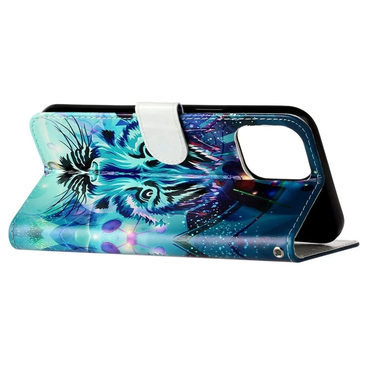 For iPhone 14 Pro Max 6.7 inch PU Leather Pattern Embossed Case Wallet Foldable Stand Folio Flip Phone Cover with Hand Strap - Wolf