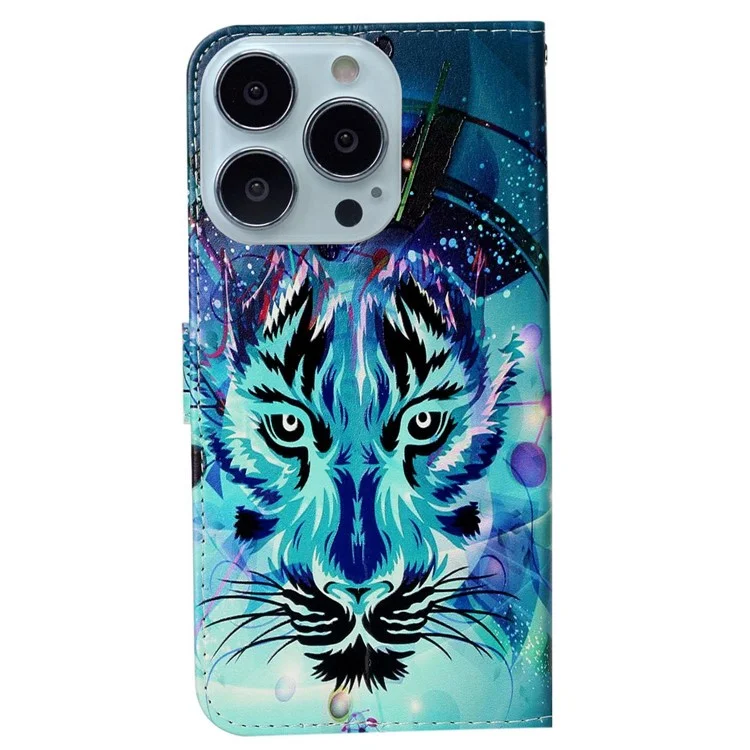 For iPhone 14 Pro Max 6.7 inch PU Leather Pattern Embossed Case Wallet Foldable Stand Folio Flip Phone Cover with Hand Strap - Wolf
