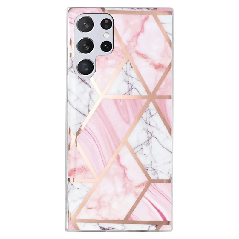 Protective Case for Samsung Galaxy S22 Ultra 5G, Splicing Marble Pattern Electroplating IMD TPU Mobile Phone Cover - White Gravel / Pink Marble