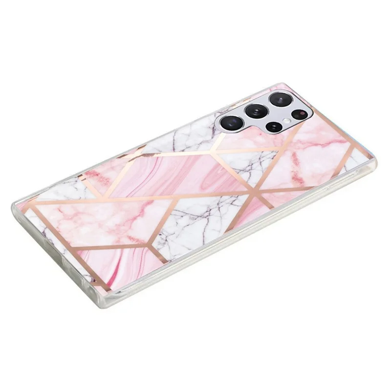 Protective Case for Samsung Galaxy S22 Ultra 5G, Splicing Marble Pattern Electroplating IMD TPU Mobile Phone Cover - White Gravel / Pink Marble