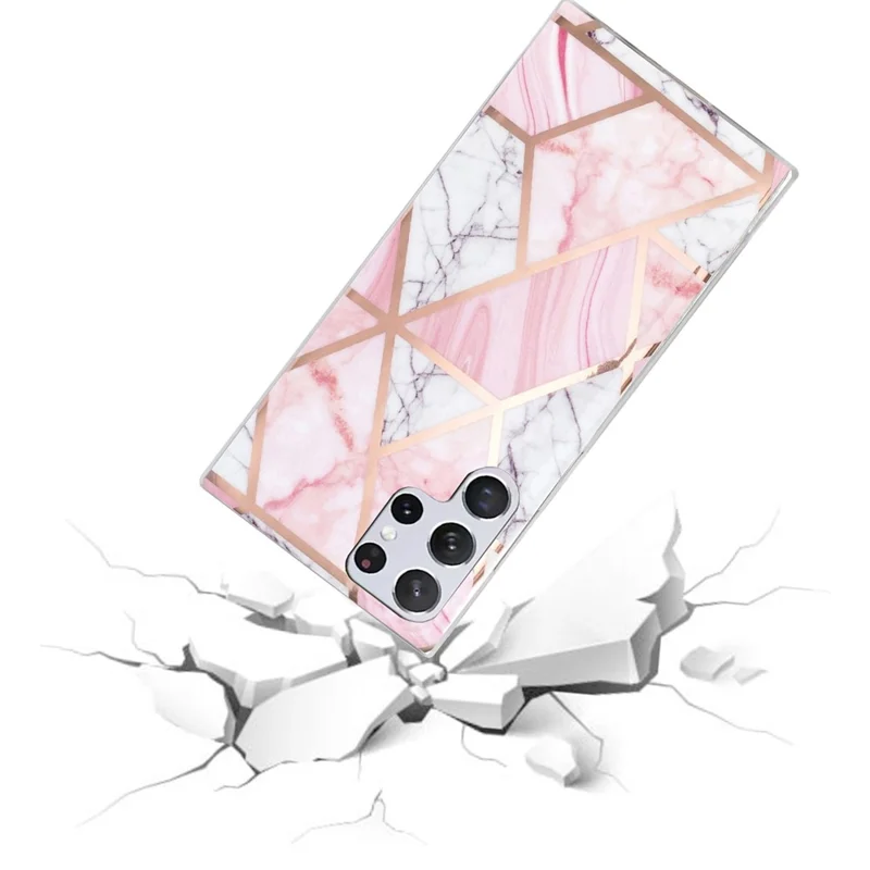 Protective Case for Samsung Galaxy S22 Ultra 5G, Splicing Marble Pattern Electroplating IMD TPU Mobile Phone Cover - White Gravel / Pink Marble