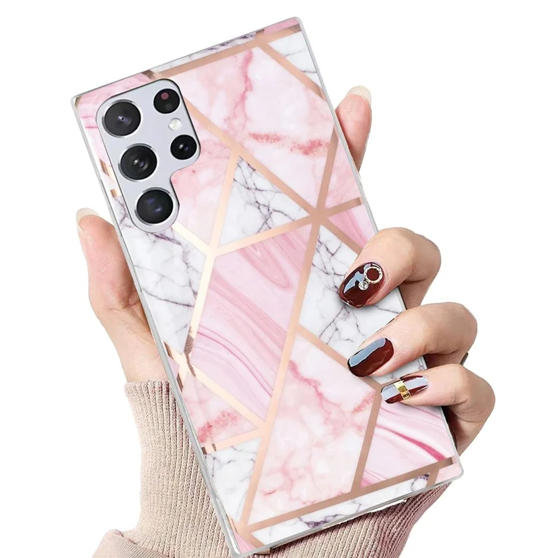 Protective Case for Samsung Galaxy S22 Ultra 5G, Splicing Marble Pattern Electroplating IMD TPU Mobile Phone Cover - White Gravel / Pink Marble