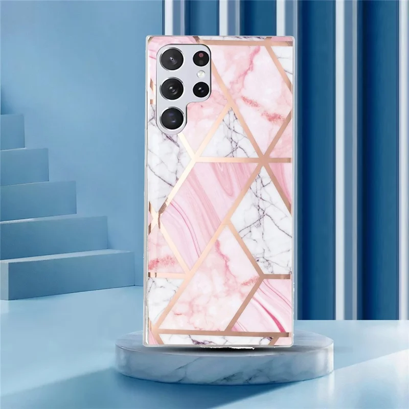 Protective Case for Samsung Galaxy S22 Ultra 5G, Splicing Marble Pattern Electroplating IMD TPU Mobile Phone Cover - White Gravel / Pink Marble