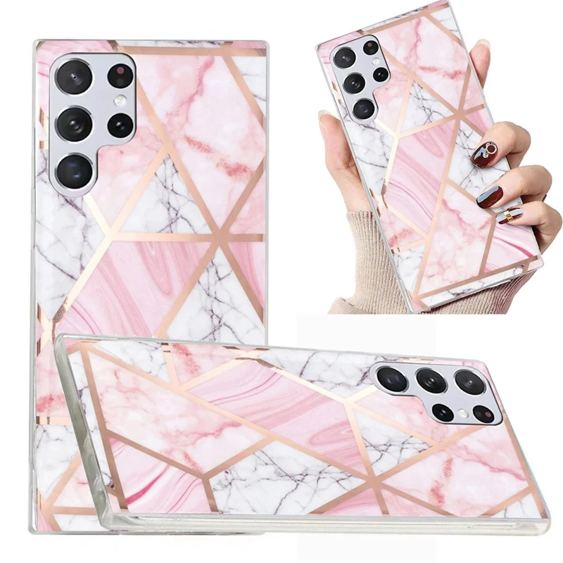 Protective Case for Samsung Galaxy S22 Ultra 5G, Splicing Marble Pattern Electroplating IMD TPU Mobile Phone Cover - White Gravel / Pink Marble