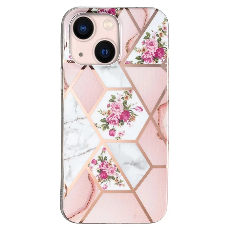 For iPhone 14 6.1 inch TPU Phone Case Electroplating Splicing Marble Pattern Phone Cover - Pink / White Rose