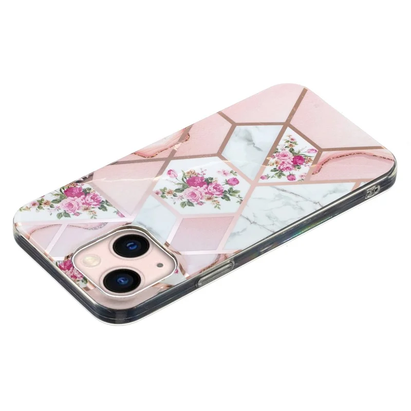 For iPhone 14 6.1 inch TPU Phone Case Electroplating Splicing Marble Pattern Phone Cover - Pink / White Rose