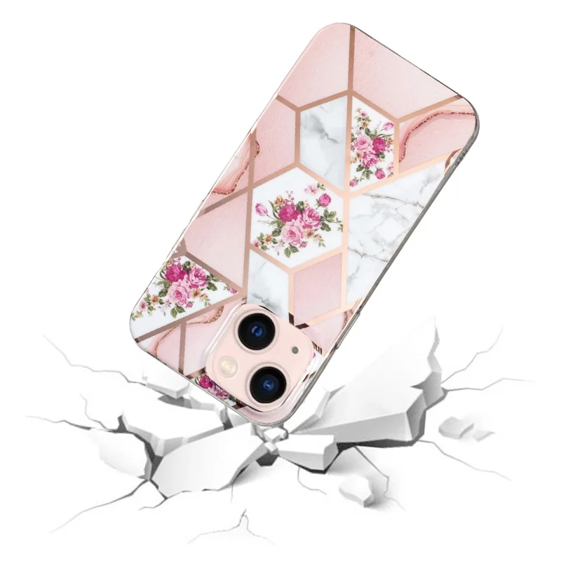 For iPhone 14 6.1 inch TPU Phone Case Electroplating Splicing Marble Pattern Phone Cover - Pink / White Rose