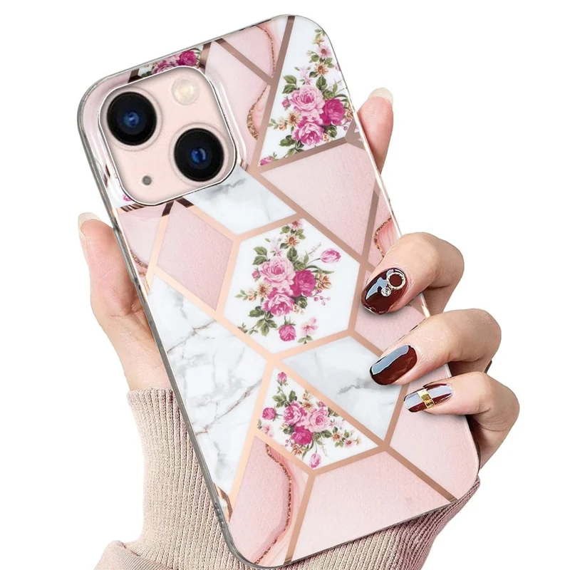 For iPhone 14 6.1 inch TPU Phone Case Electroplating Splicing Marble Pattern Phone Cover - Pink / White Rose