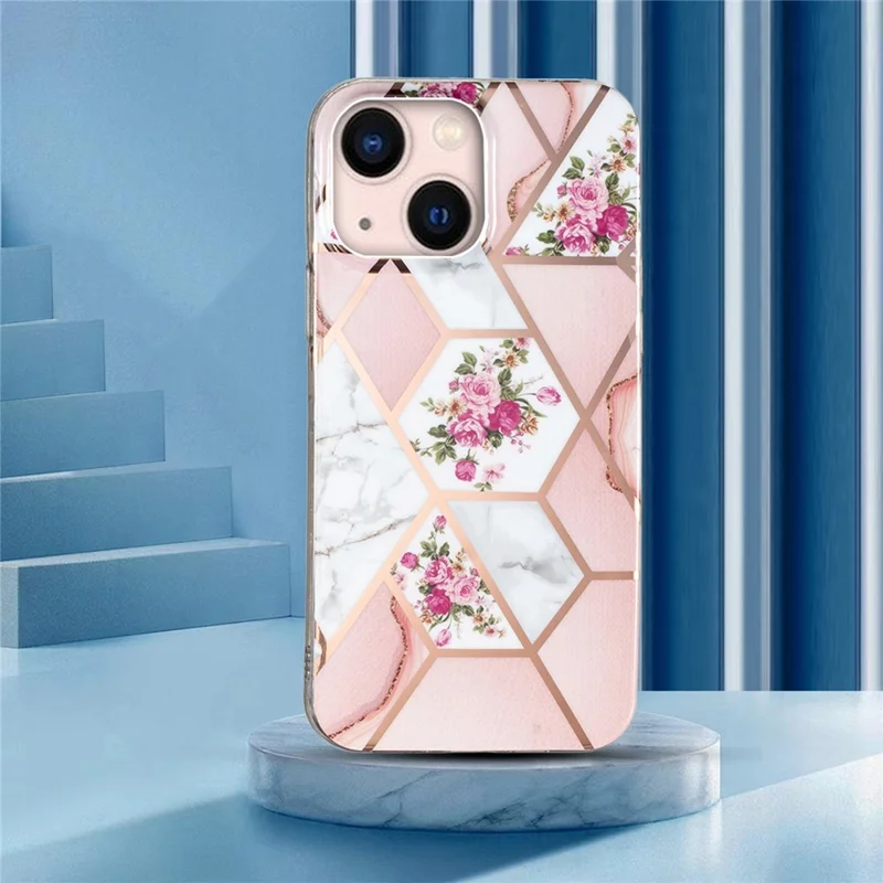 For iPhone 14 6.1 inch TPU Phone Case Electroplating Splicing Marble Pattern Phone Cover - Pink / White Rose