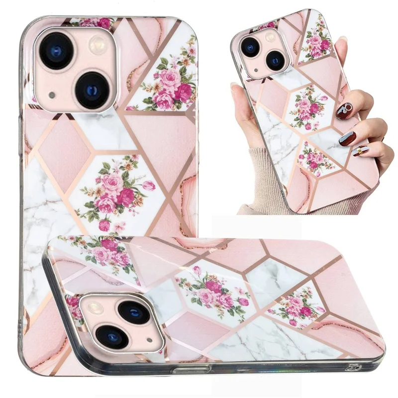 For iPhone 14 6.1 inch TPU Phone Case Electroplating Splicing Marble Pattern Phone Cover - Pink / White Rose
