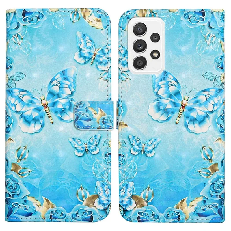 For Samsung Galaxy A53 5G 3D Pattern Printing Phone Case PU Leather TPU Anti-drop Cover with Stand Wallet - Blue Gold Butterfly