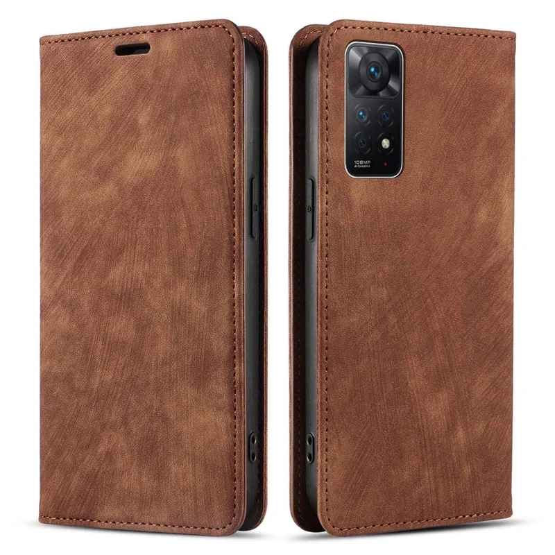For Xiaomi Redmi Note 12 Pro 4G / Note 11 Pro 5G (Qualcomm) / Note 11 Pro 4G (MediaTek) Foldable Stand PU Leather Wallet Cover Magnetic Auto-absorbed Phone Case - Brown
