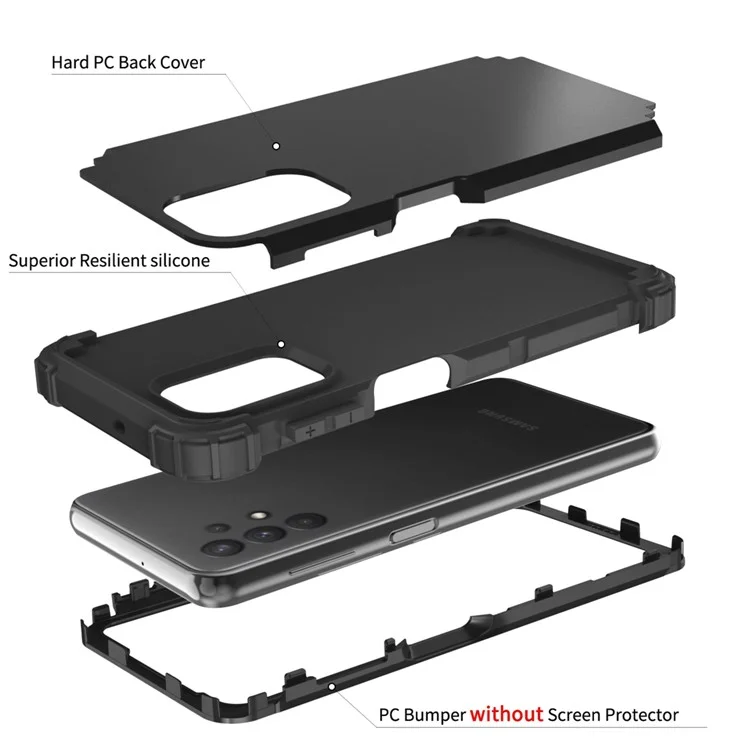For Samsung Galaxy A73 5G 3-in-1 Silicone + PC Case Shockproof Reinforced Corner Phone Cover - Black