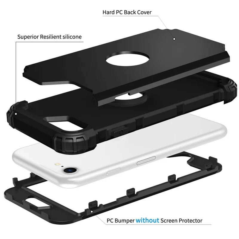 For iPhone 7 / 8 / SE (2020) / SE (2022) 3-in-1 Mobile Phone Case Fall Proof Silicone + PC Thickened Corner Hybrid Cover - Black