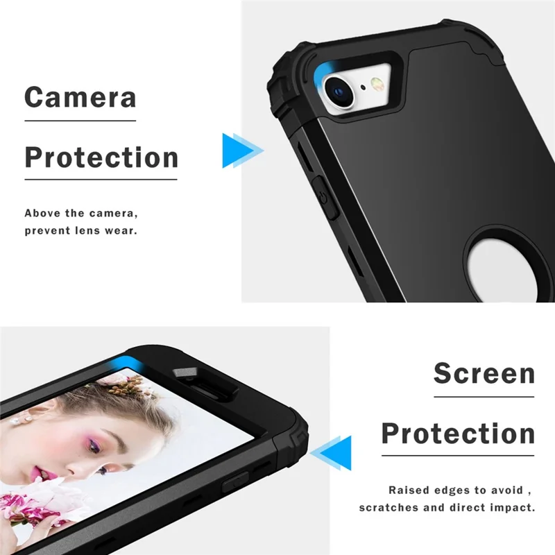 For iPhone 7 / 8 / SE (2020) / SE (2022) 3-in-1 Mobile Phone Case Fall Proof Silicone + PC Thickened Corner Hybrid Cover - Black